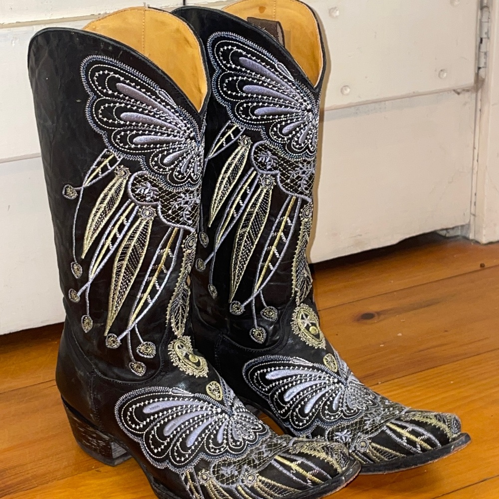 Old Gringo Black Leather Heeled Boots with Gold & Silver Embroidery